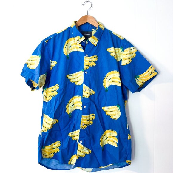 BONOBOS Banana Print Button Down Shirt Blue Buncha Bananas Riviera Short Sleeve - Picture 4 of 12